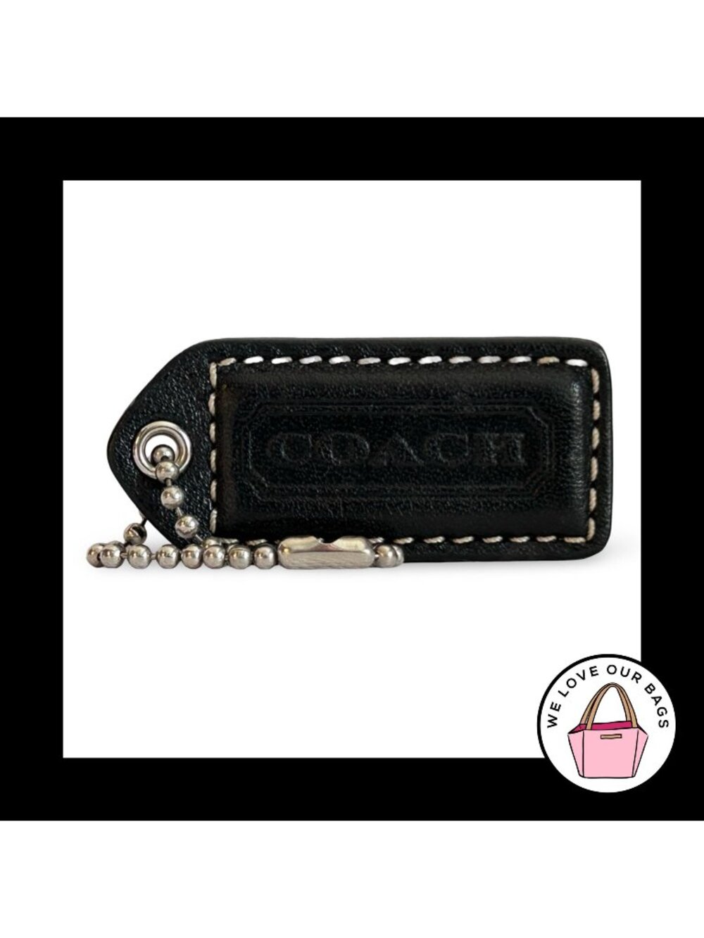 COACH Y2K VINTAGE Hang Tag 2" Black Leather Bag Charm Keychain Fob Nickel Medium